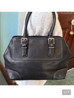Coach  5555 Vintage Satchel leather black/gray stitching  side top cinch snaps